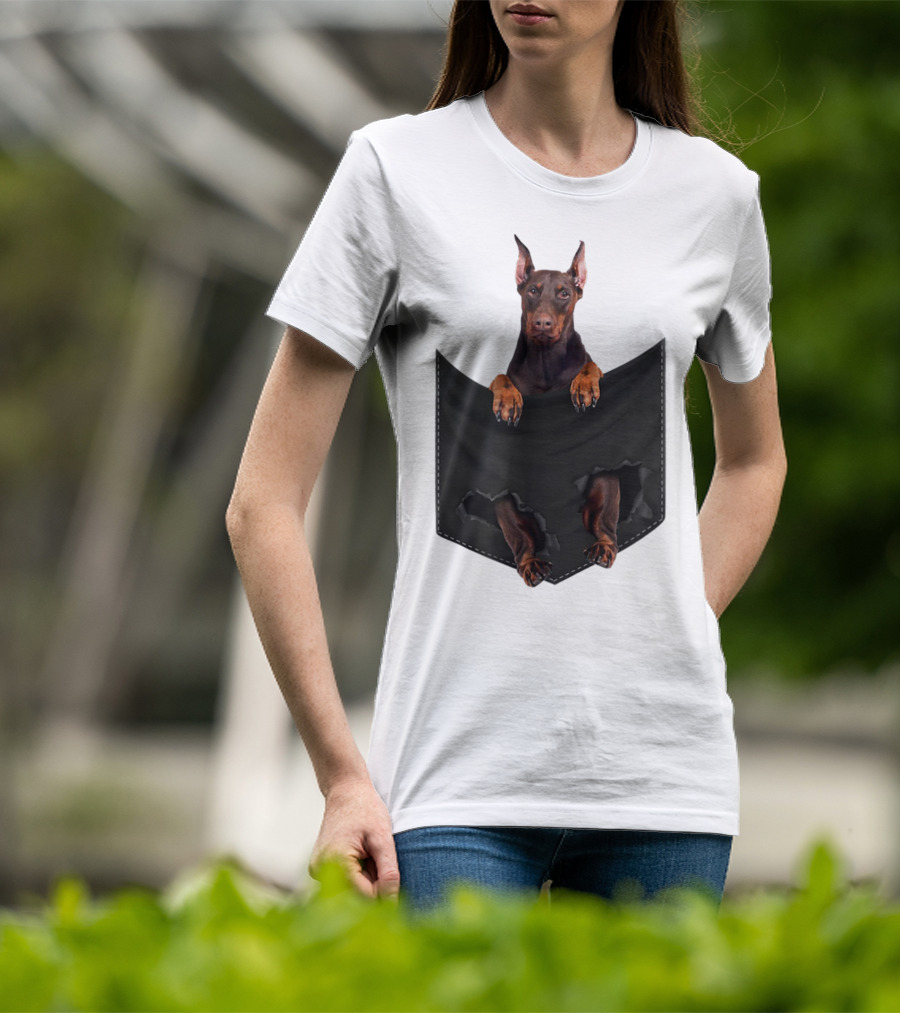 Doberman Pinscher Peeking From Ripped Pocket T-Shirt