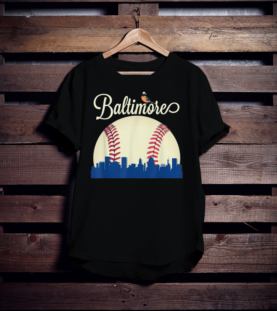 Baltimore Skyline With Baseball And Oriole Bird T-Shirt