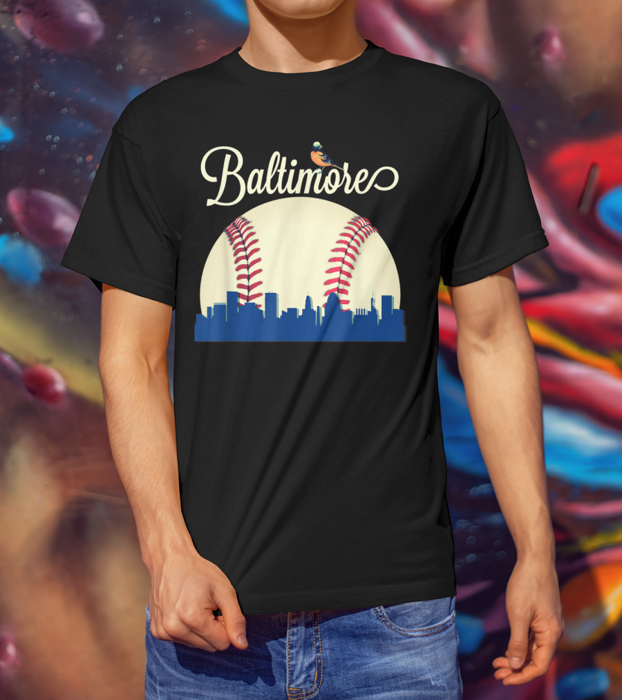 Baltimore Skyline With Baseball And Oriole Bird T-Shirt