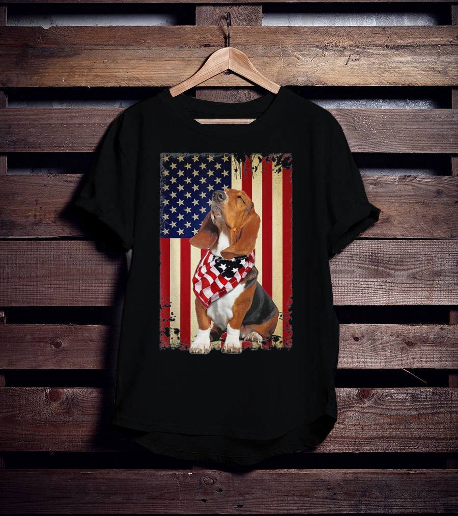Basset Hound With American Flag Scarf Against USA Flag Background T-Shirt