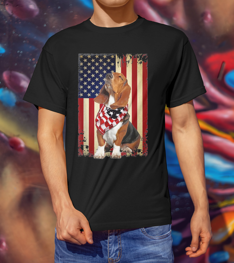 Basset Hound With American Flag Scarf Against USA Flag Background T-Shirt