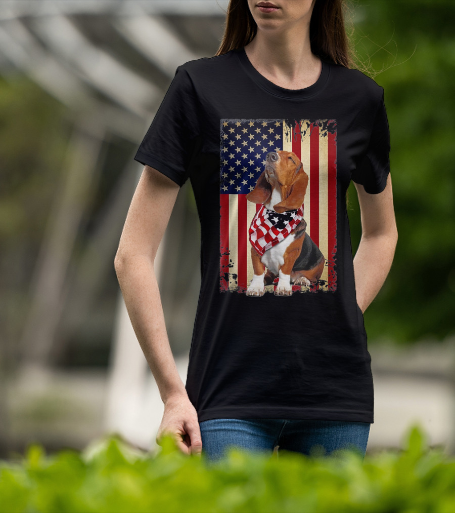 Basset Hound With American Flag Scarf Against USA Flag Background T-Shirt