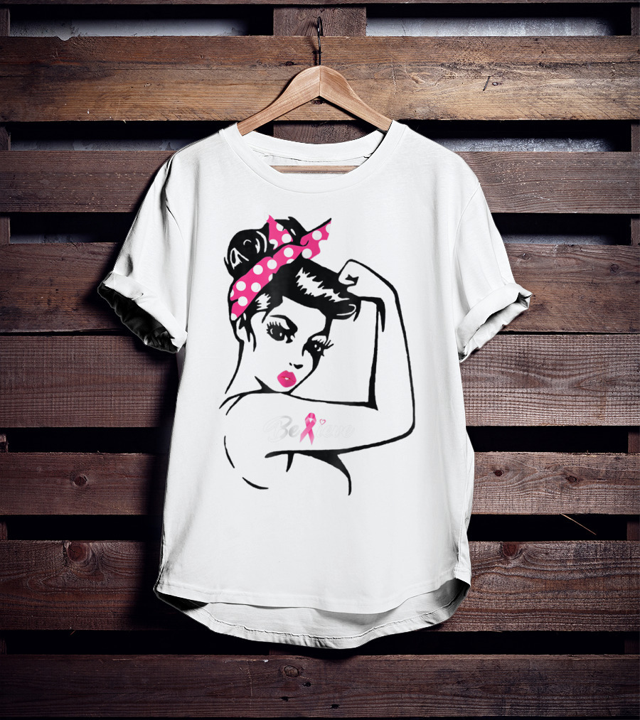 Breast Cancer Warrior Believe Support Awareness With Pink Ribbon And Polka Dot Rosie Bandana T-Shirt