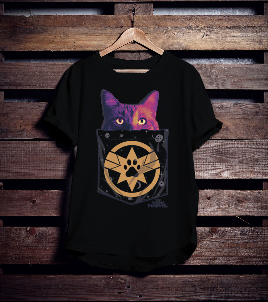 Captain Marvel Goose Paw Print Cosmic Pocket Cat T-Shirt