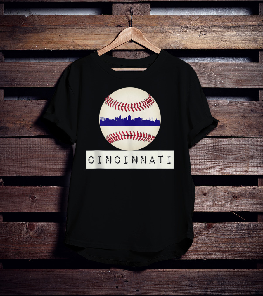 Cincinnati Skyline On Baseball With Red Stitches T-Shirt