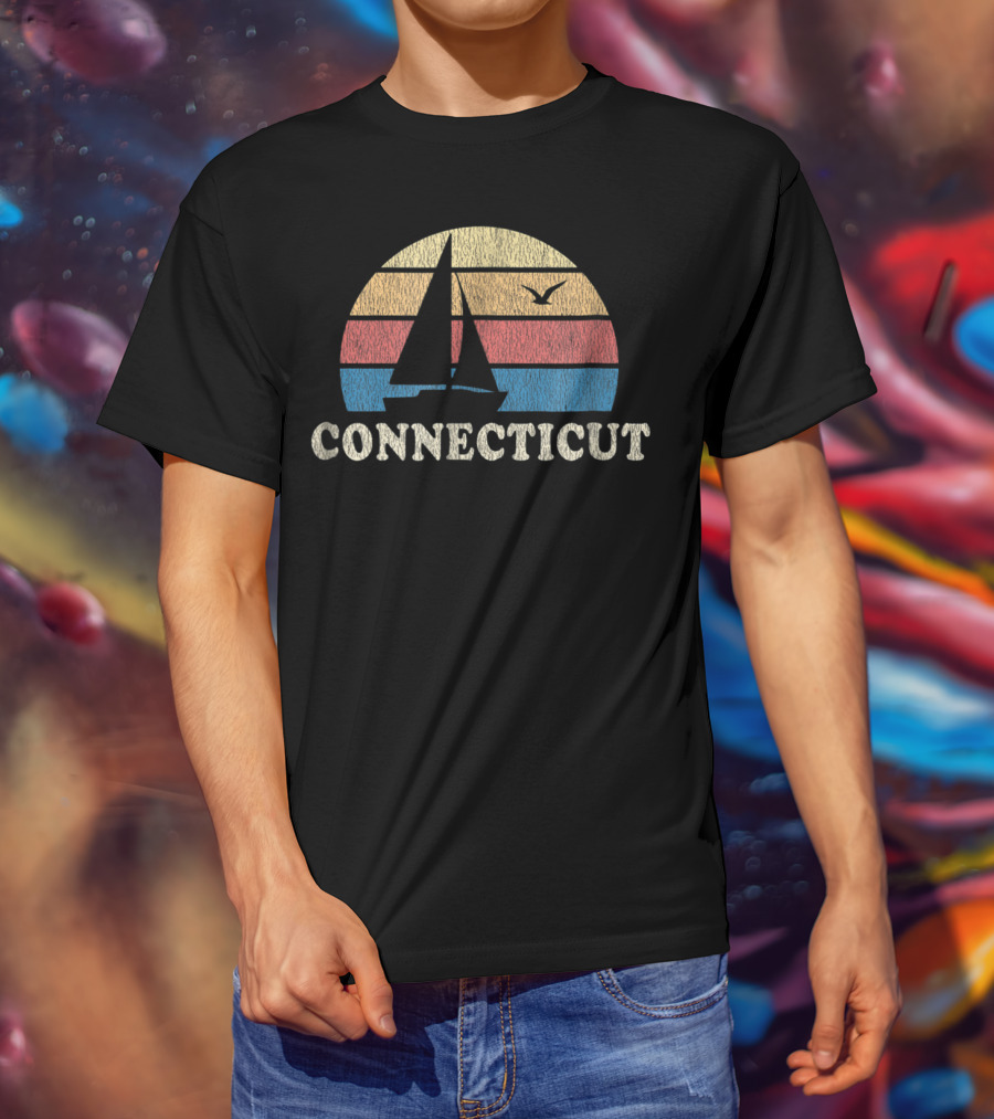 Connecticut 70s Vintage Sailboat Sunset Throwback T-Shirt