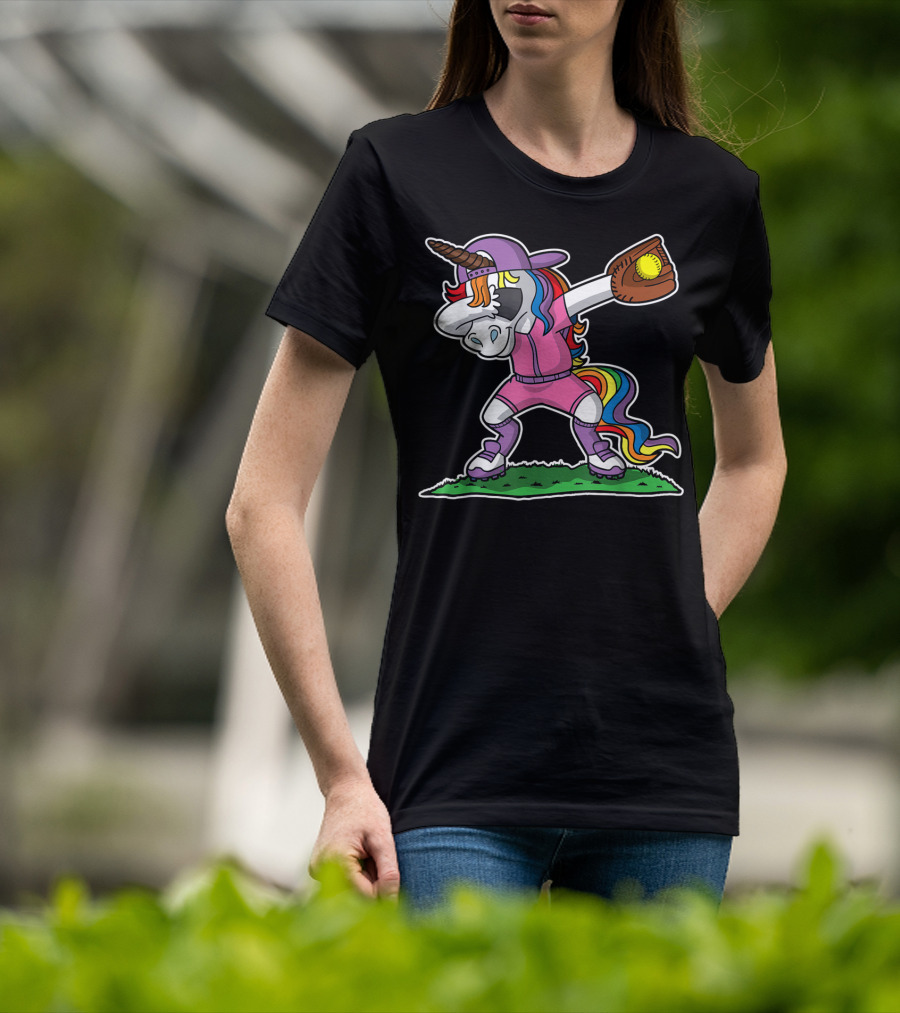Dabbing Unicorn In Pink Softball Outfit With Glove And Ball T-Shirt