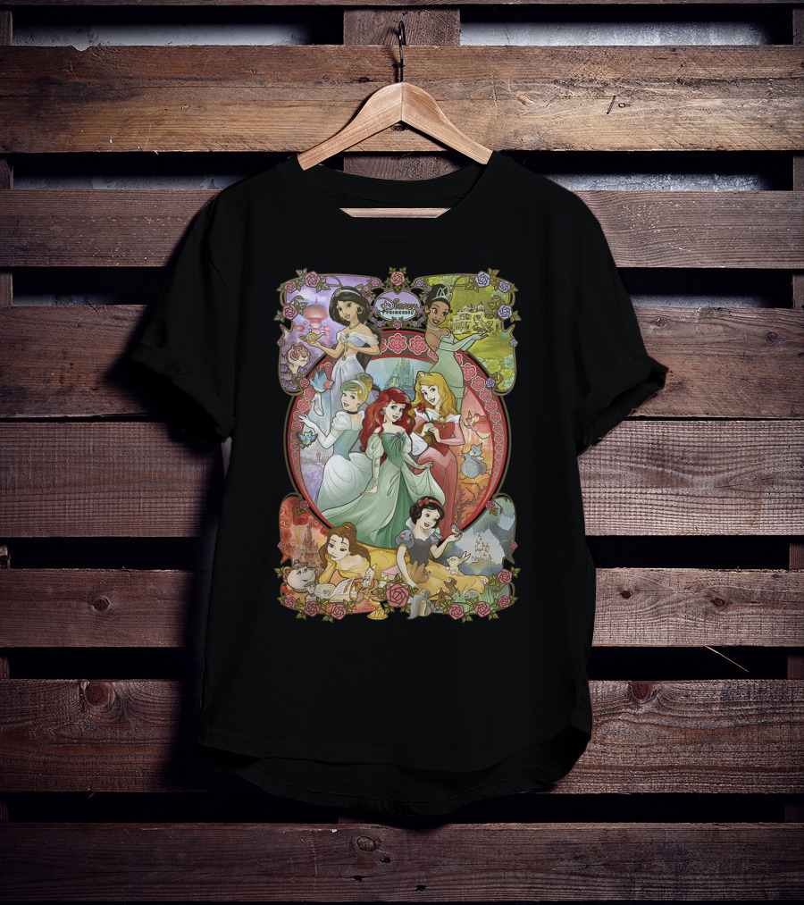 Disney Princess Classic Cartoon Group Collage Cinderella Ariel Belle Snow White Aurora T-Shirt