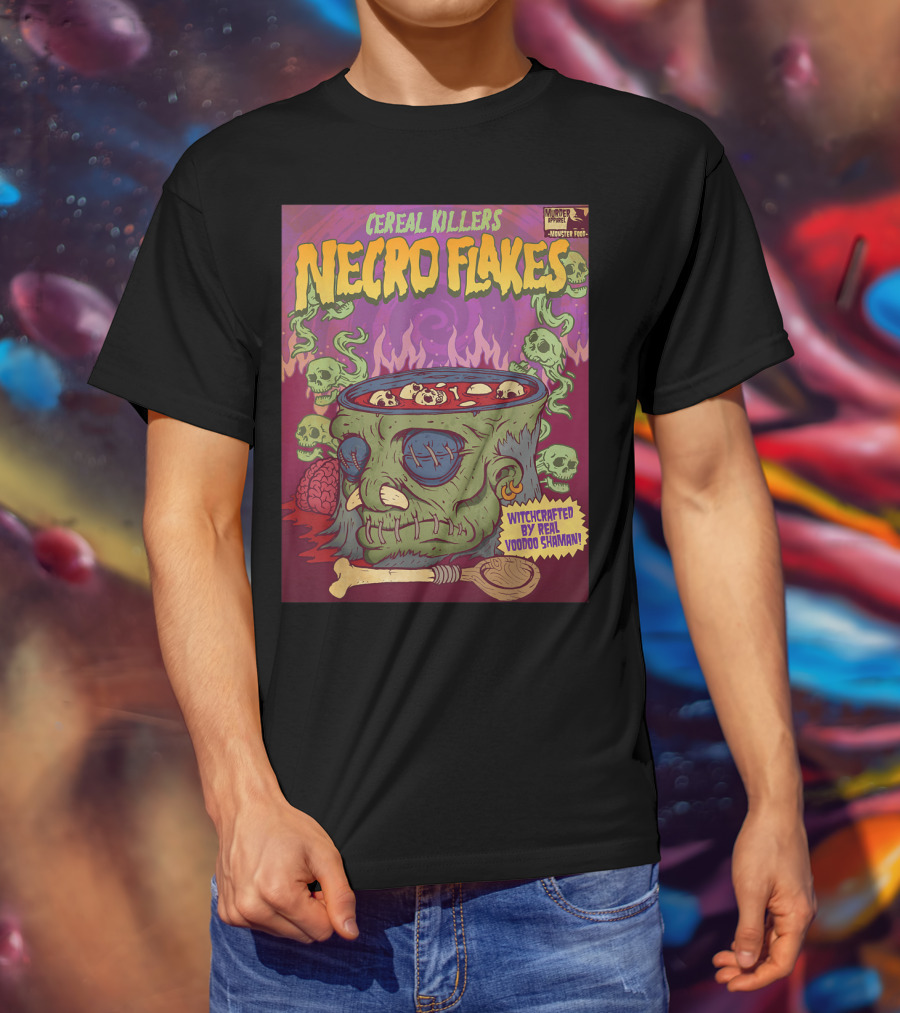 Cereal Killers Necro Flakes Witchcrafted By Real Voodoo Shaman Monster Food Horror Fans Nerds T-Shirt