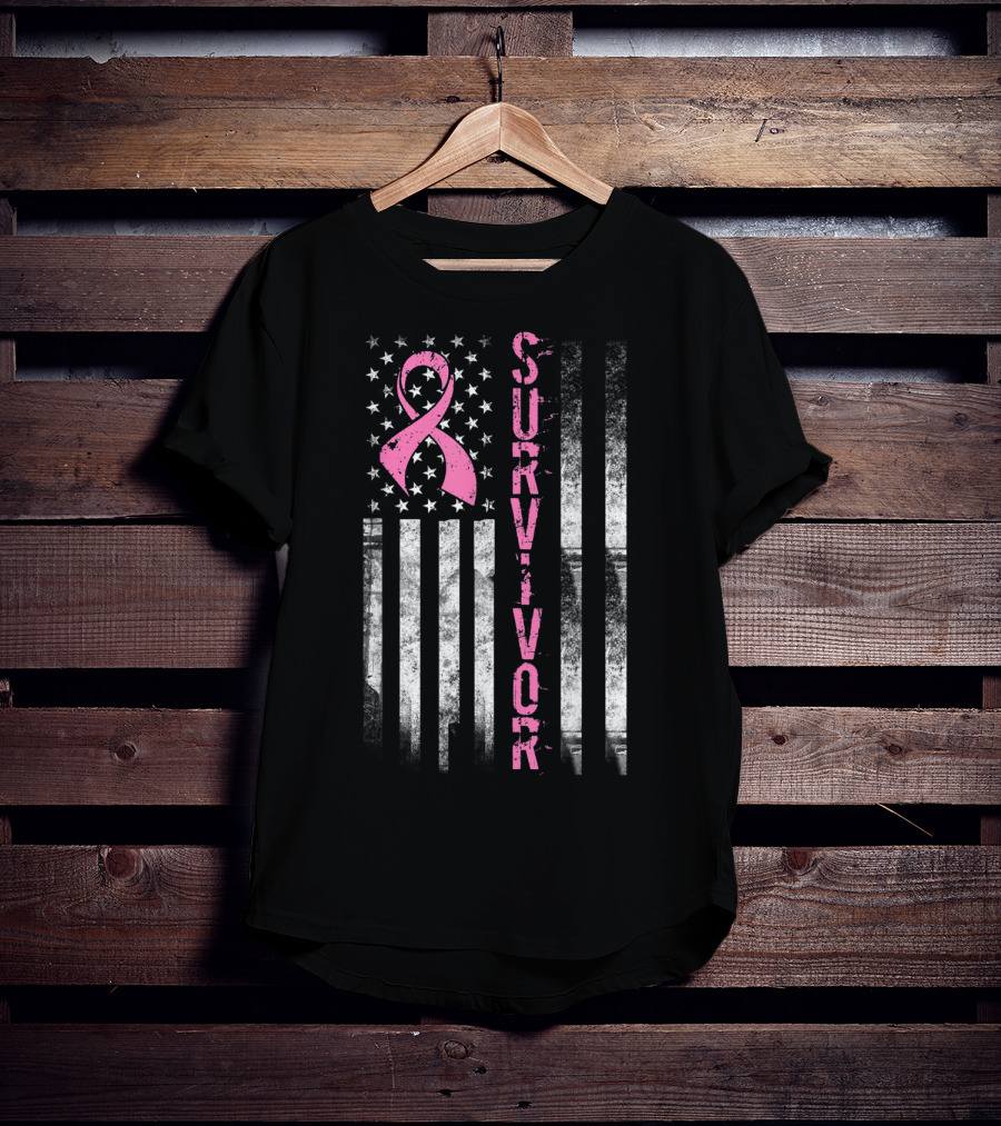 Survivor Pink Ribbon American Flag Breast Cancer Awareness T-Shirt
