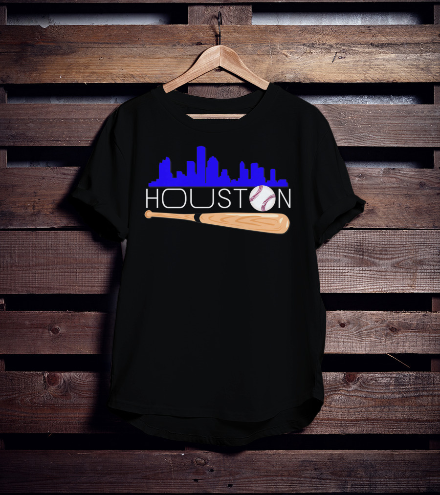 Houston Baseball Astro Font Skyline With Bat And Ball T-Shirt