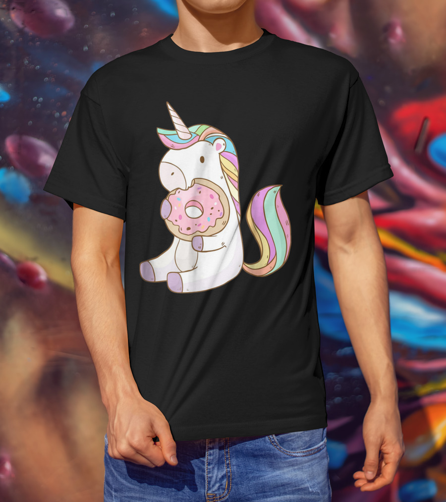 Cute Hungry Unicorn Enjoying A Delicious Donut With Sprinkles T-Shirt