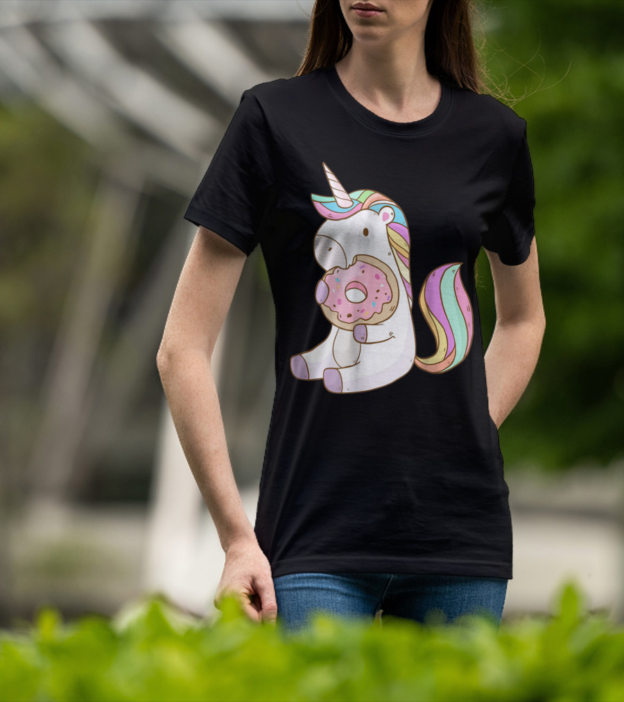Cute Hungry Unicorn Enjoying A Delicious Donut With Sprinkles T-Shirt