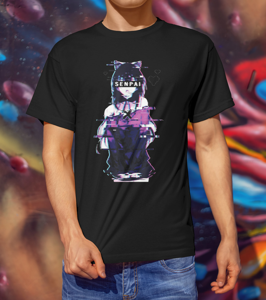 Japanese Anime Senpai Cat Girl Glitch Art Notice Me Senpai T-Shirt