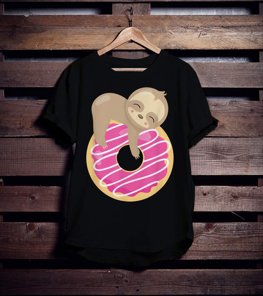 Baby Sloth Sleeping On Pink Frosted Donut T-Shirt