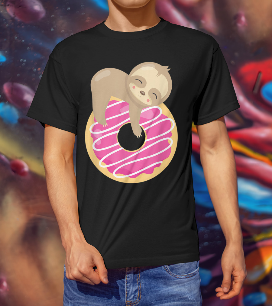 Baby Sloth Sleeping On Pink Frosted Donut T-Shirt