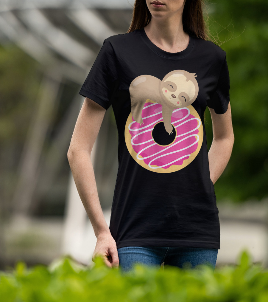 Baby Sloth Sleeping On Pink Frosted Donut T-Shirt