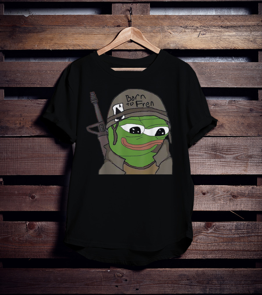 Born To Fren Pepe Military Helmet Cartoon With Rifle T-Shirt