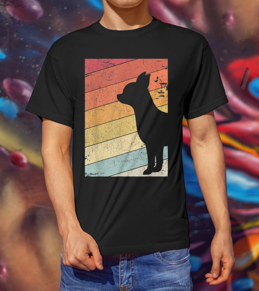 Chihuahua Style Retro Silhouette With Vintage Rainbow Stripes T-Shirt
