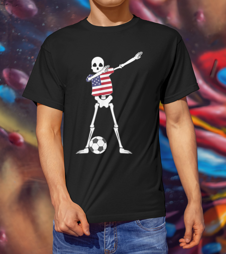 Dabbing Skeleton USA Soccer American Flag Dab Dance Football T-Shirt