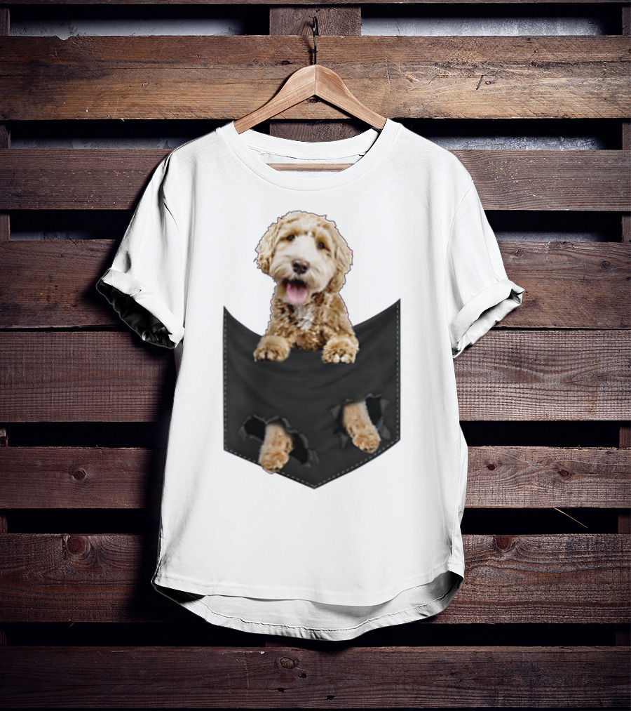 Dog In Your Pocket Labradoodle Peeking Out Pawing Through Black Pocket T-Shirt