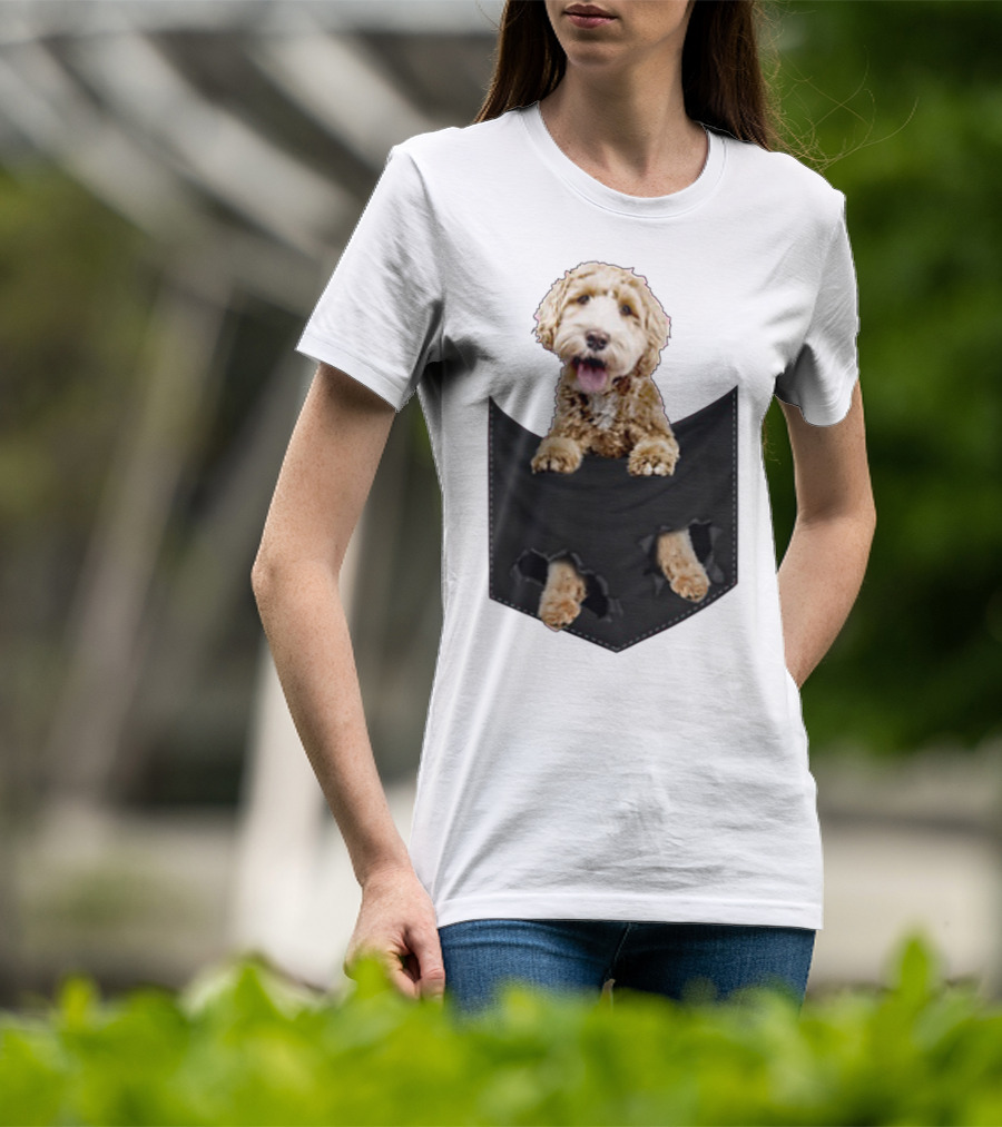 Dog In Your Pocket Labradoodle Peeking Out Pawing Through Black Pocket T-Shirt