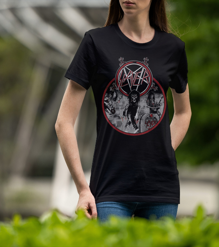 Slayer Live Undead Pentagram Zombies Skulls Battleground T-Shirt