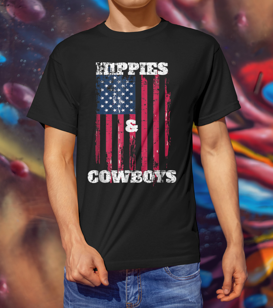 Hippies Cowboys And American Flag Distressed Look T-Shirt