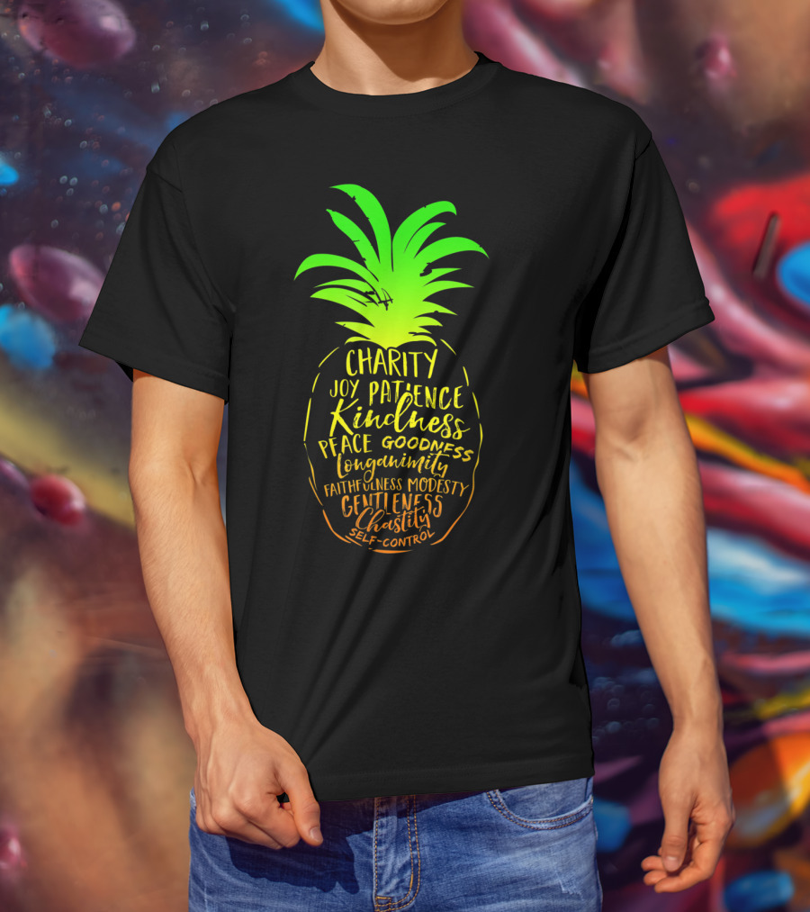 Holy Spirit Catholic Pineapple Charity Joy Patience Kindness Peace Goodness Longanimity Faithfulness Modesty Gentleness Chastity Self-Control T-Shirt