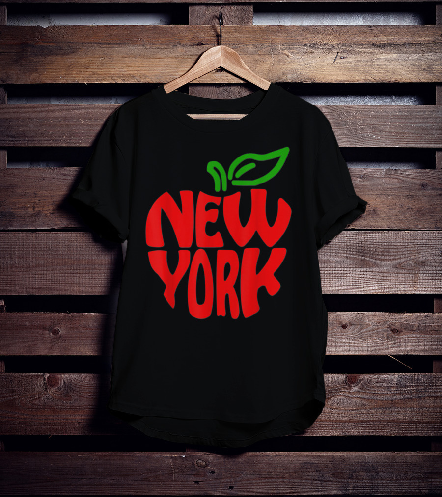 New York Big Apple Red Typography With Green Leaf T-Shirt