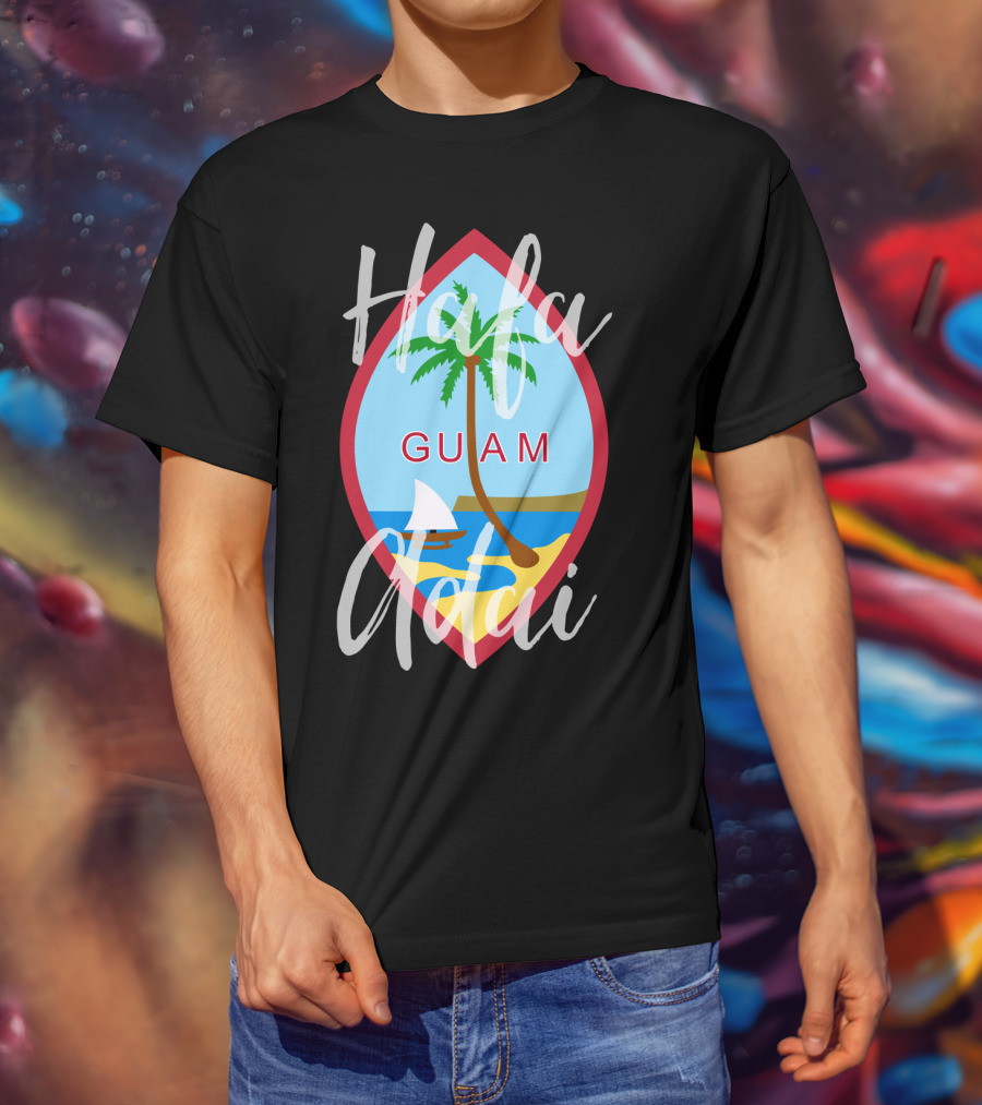 Hafa Adai Guam Palm Tree Beach Sailboat Emblem T-Shirt