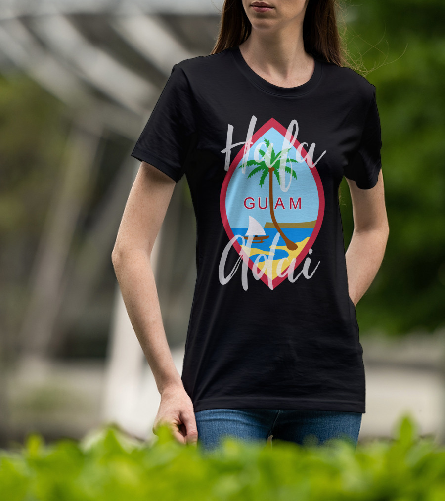 Hafa Adai Guam Palm Tree Beach Sailboat Emblem T-Shirt