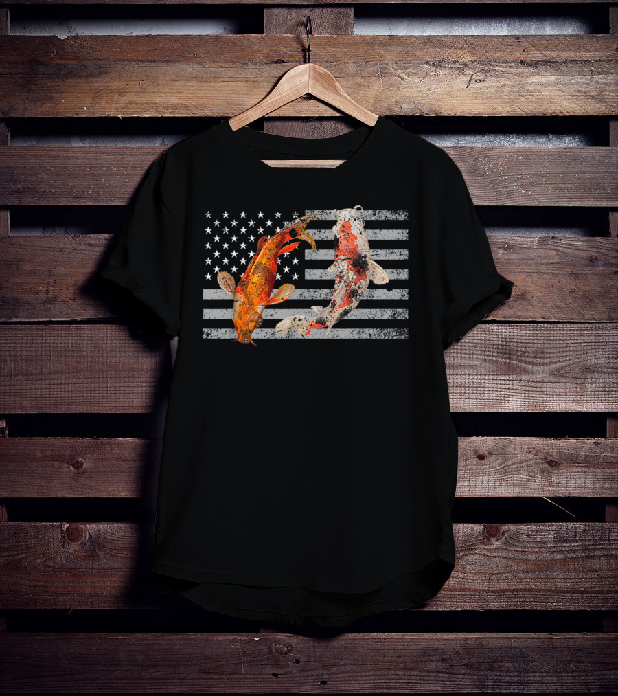 USA Flag With Japanese Koi Fish And Koi Carp T-Shirt