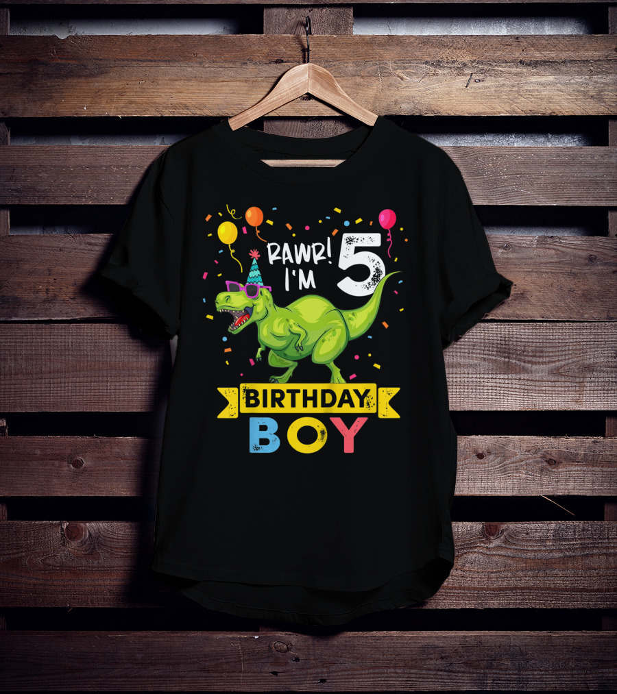 RAWR I'm 5 Birthday Boy Dinosaur Party Hat Balloons And Confetti T-Shirt