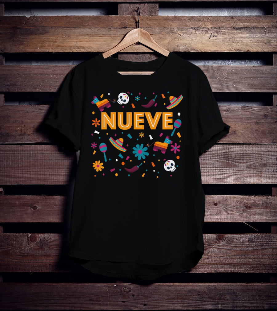 Kids 9 Year Old Mexican Fiesta Birthday Nueve Pinata Sombrero Maracas Skulls Flowers T-Shirt