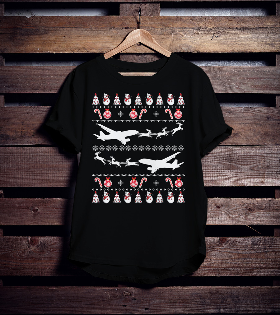 Airplanes Ugly Christmas Sweater Reindeer Snowman Candy Cane Holiday T-Shirt