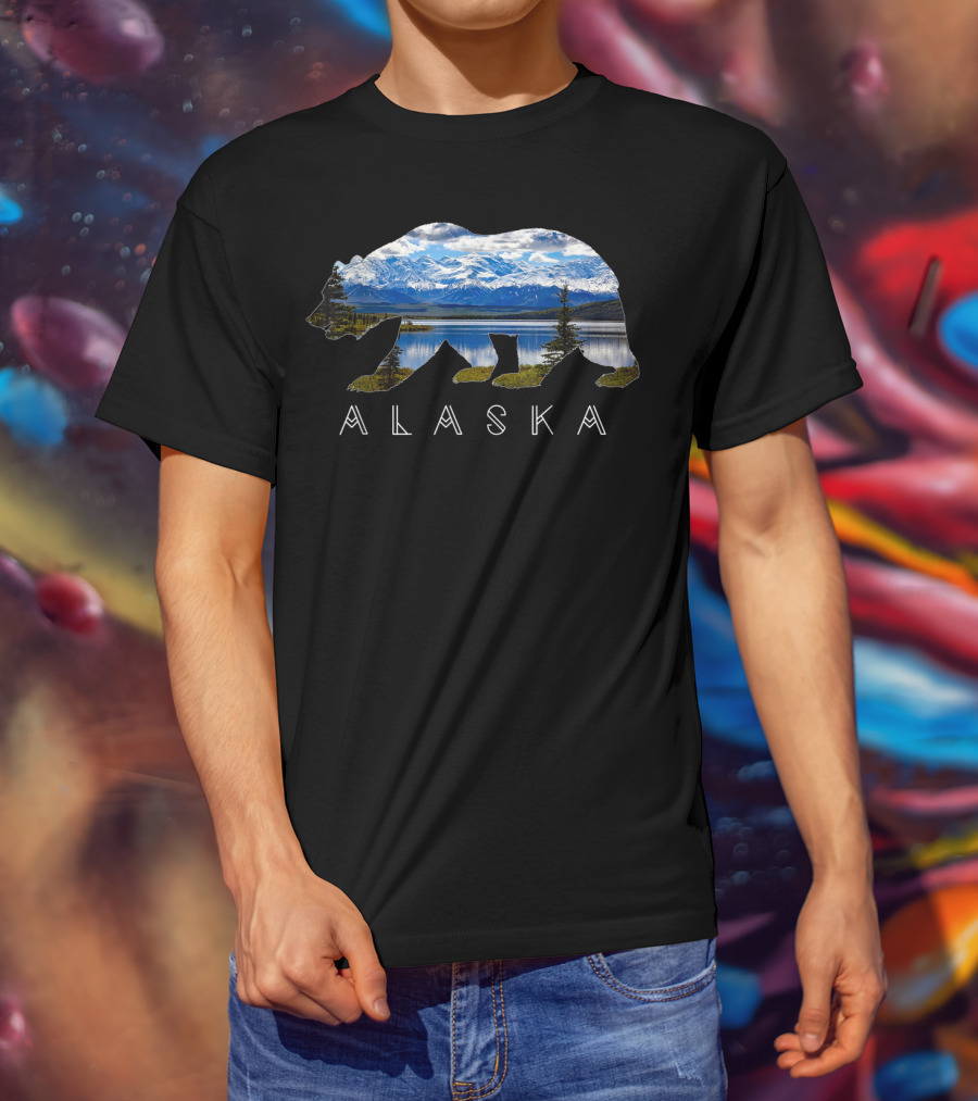 Alaska Bear Silhouette With Mountain Lake Scene T-Shirt