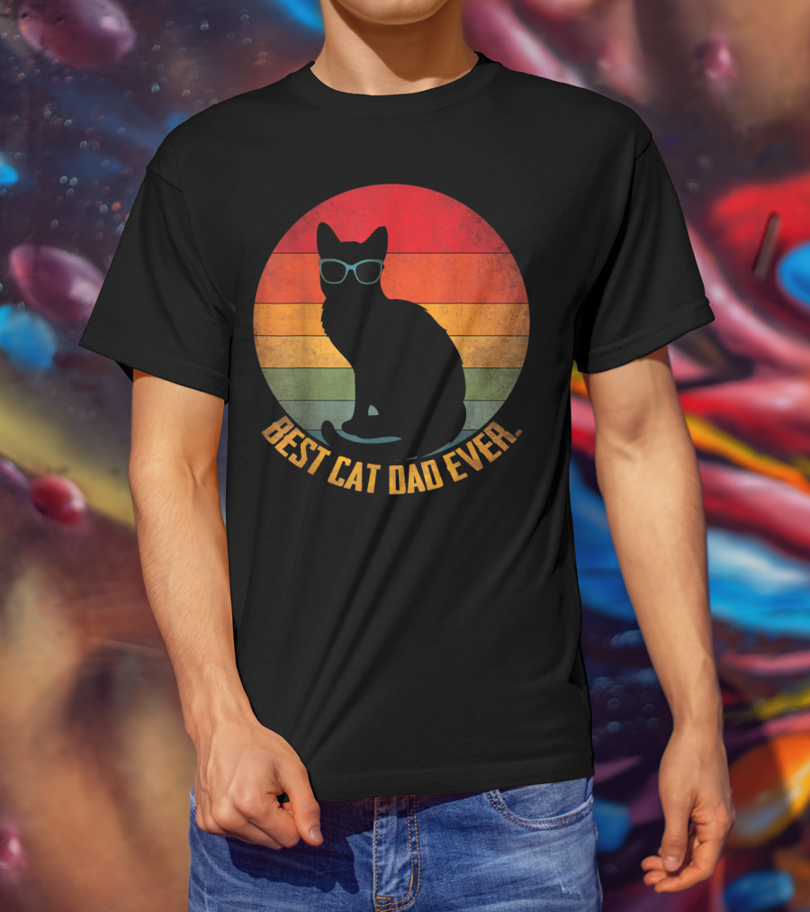 Vintage Sunset Best Cat Dad Ever Silhouette With Sunglasses T-Shirt
