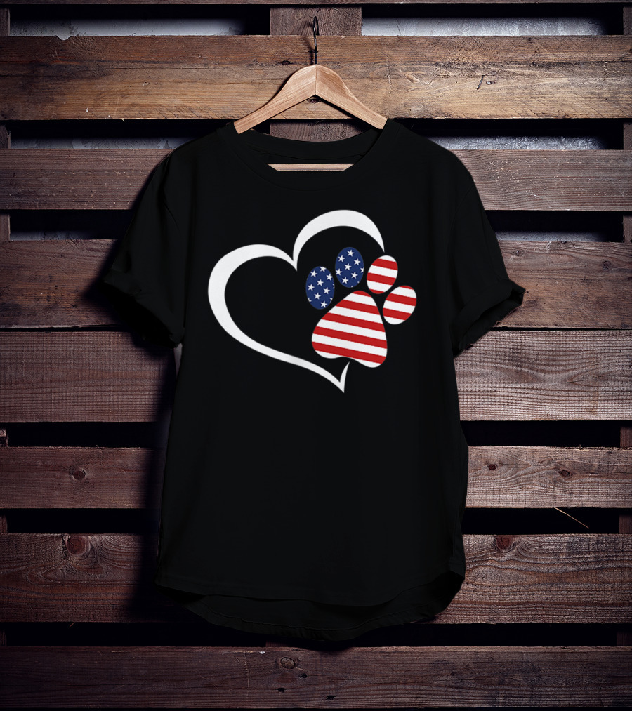 Dog Paw Heart Love Red White Blue American Flag Patriotic T-Shirt