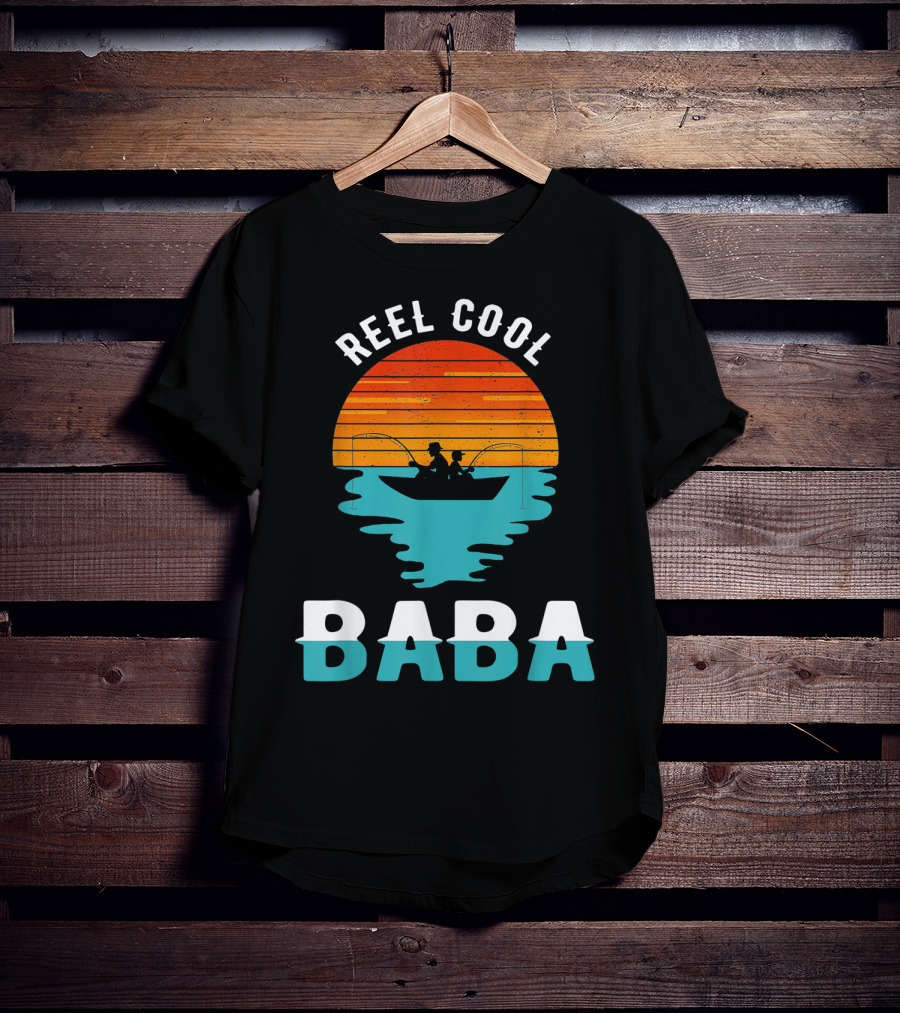 Reel Cool Baba Father's Day Fishing Silhouette Sunset T-Shirt