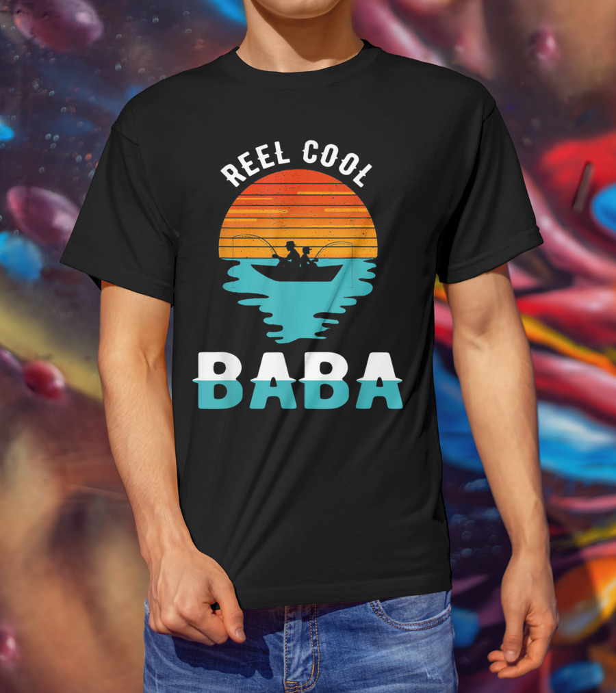 Reel Cool Baba Father's Day Fishing Silhouette Sunset T-Shirt