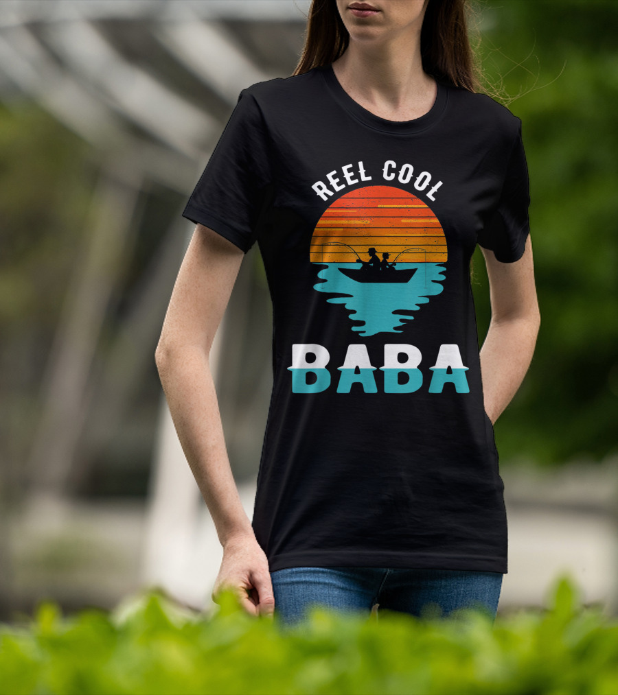 Reel Cool Baba Father's Day Fishing Silhouette Sunset T-Shirt