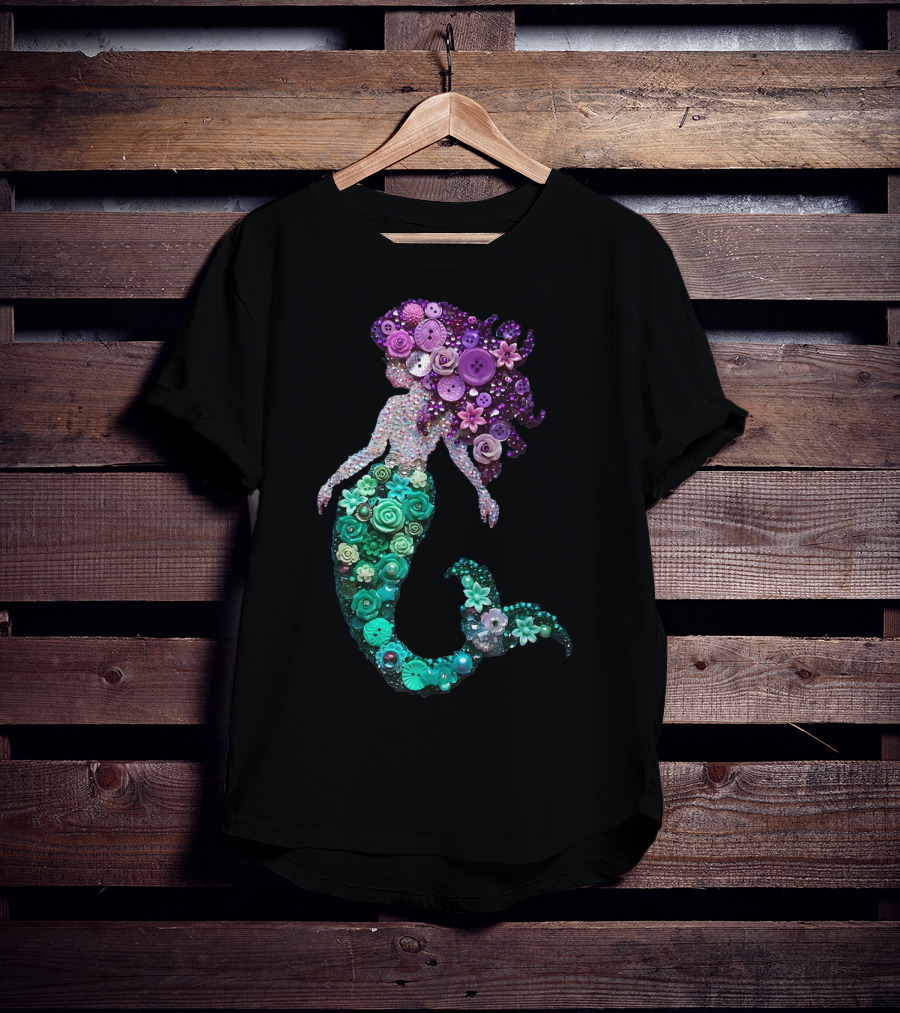 Flower Mermaid Purple Green Buttons T-Shirt