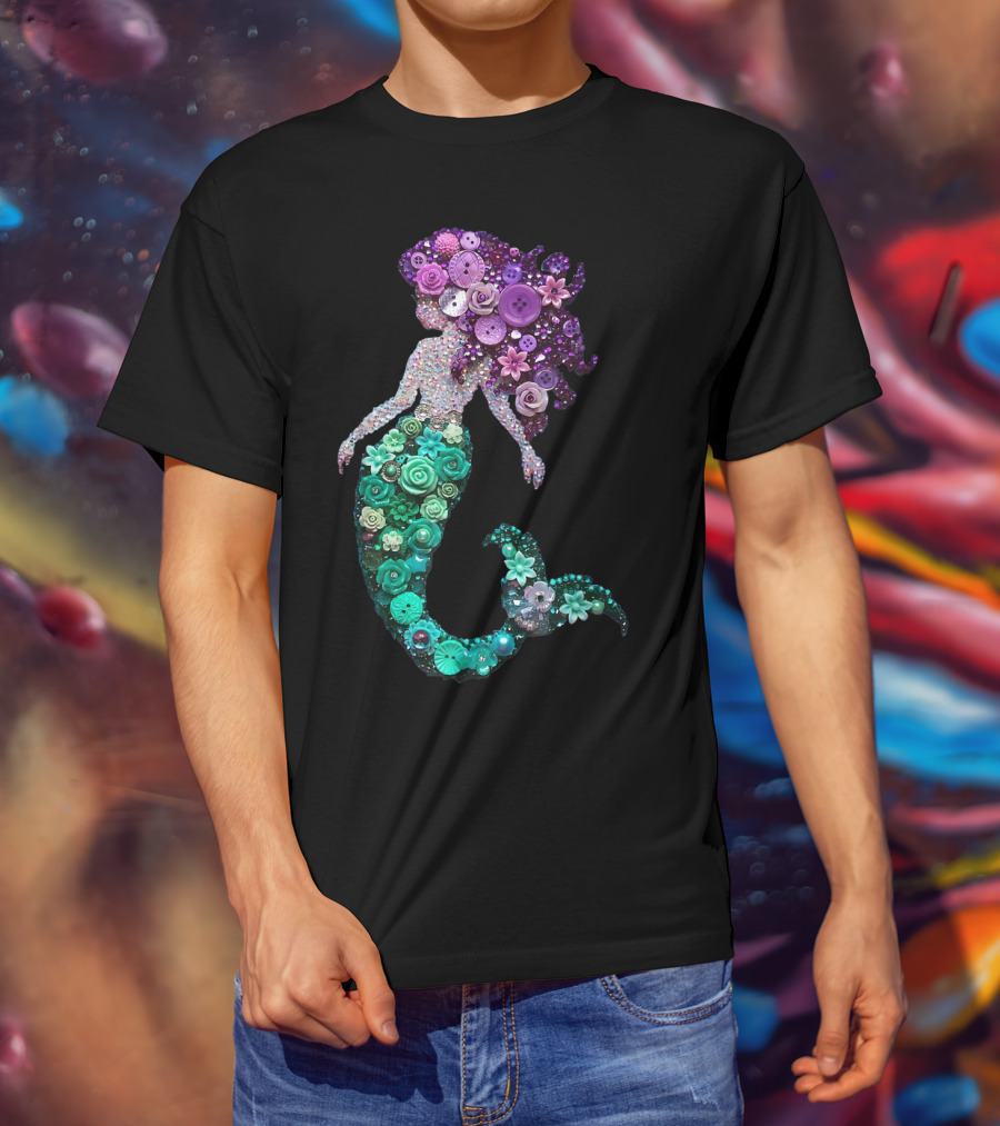 Flower Mermaid Purple Green Buttons T-Shirt