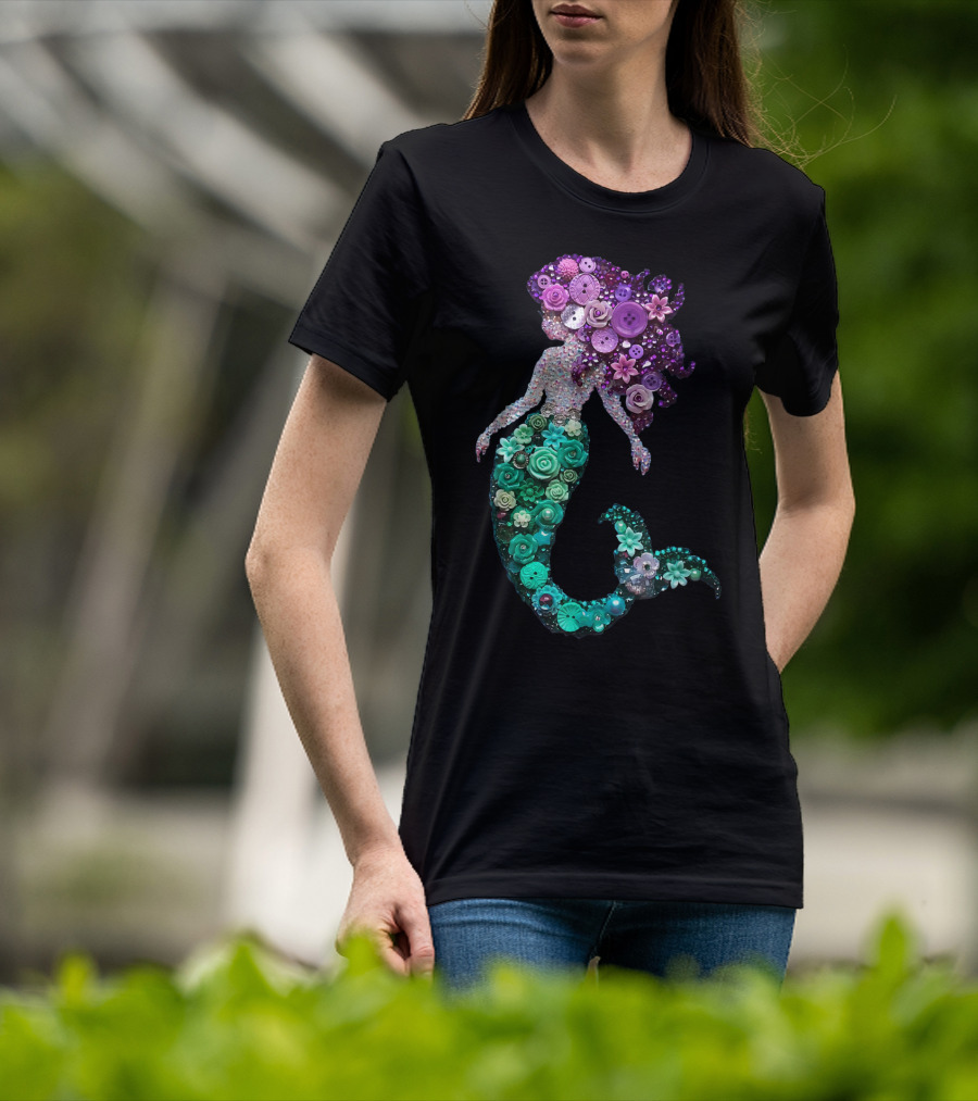 Flower Mermaid Purple Green Buttons T-Shirt