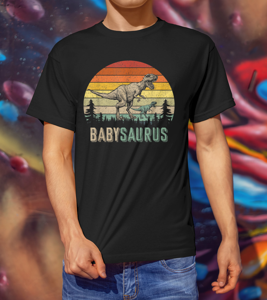Babysaurus Dinosaurs Vintage Father's Retro Sunset T-Rex Family T-Shirt