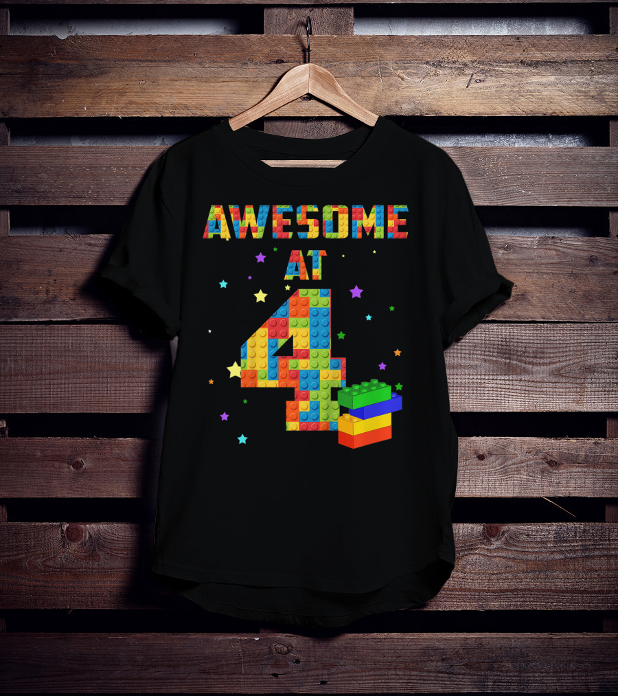 AWESOME AT 4 Building Blocks Kids Birthday T-Shirt