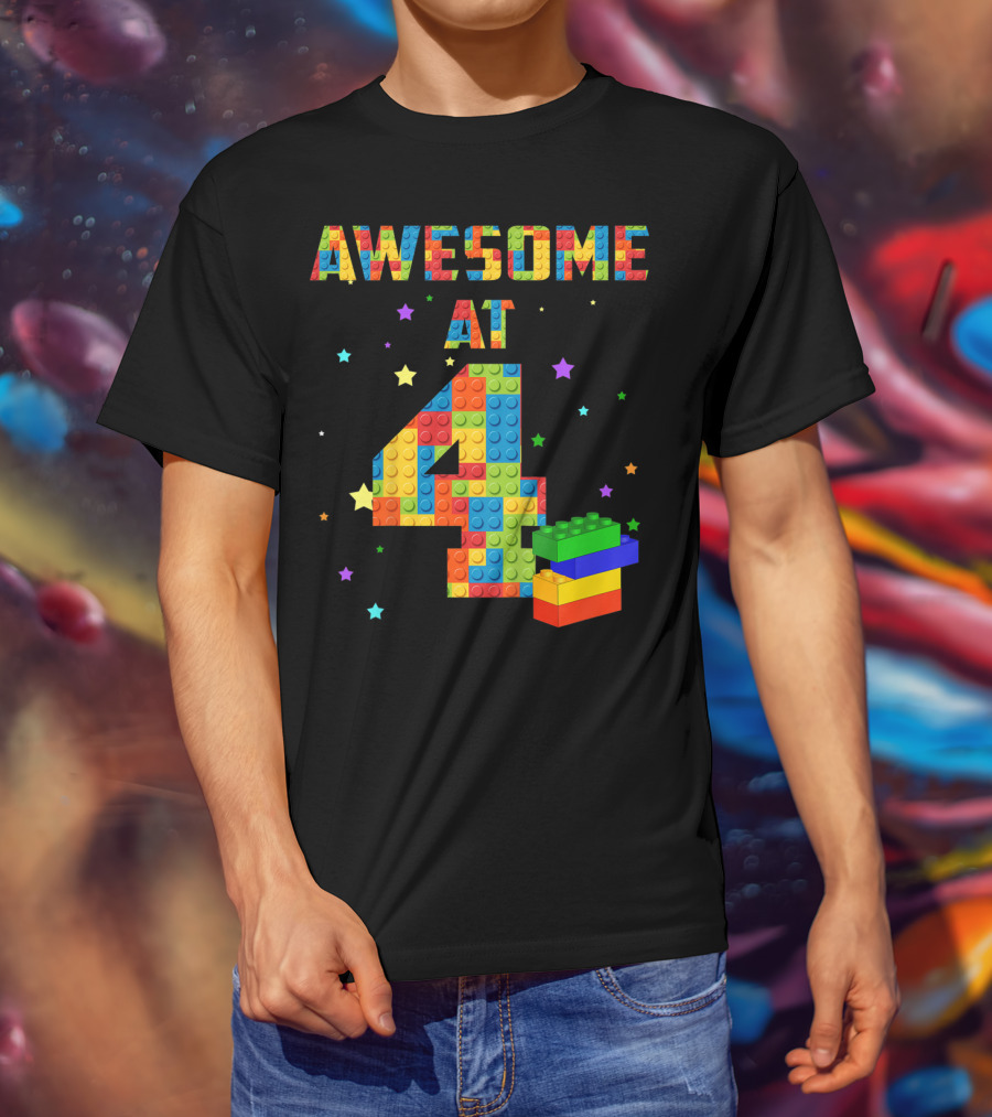 AWESOME AT 4 Building Blocks Kids Birthday T-Shirt