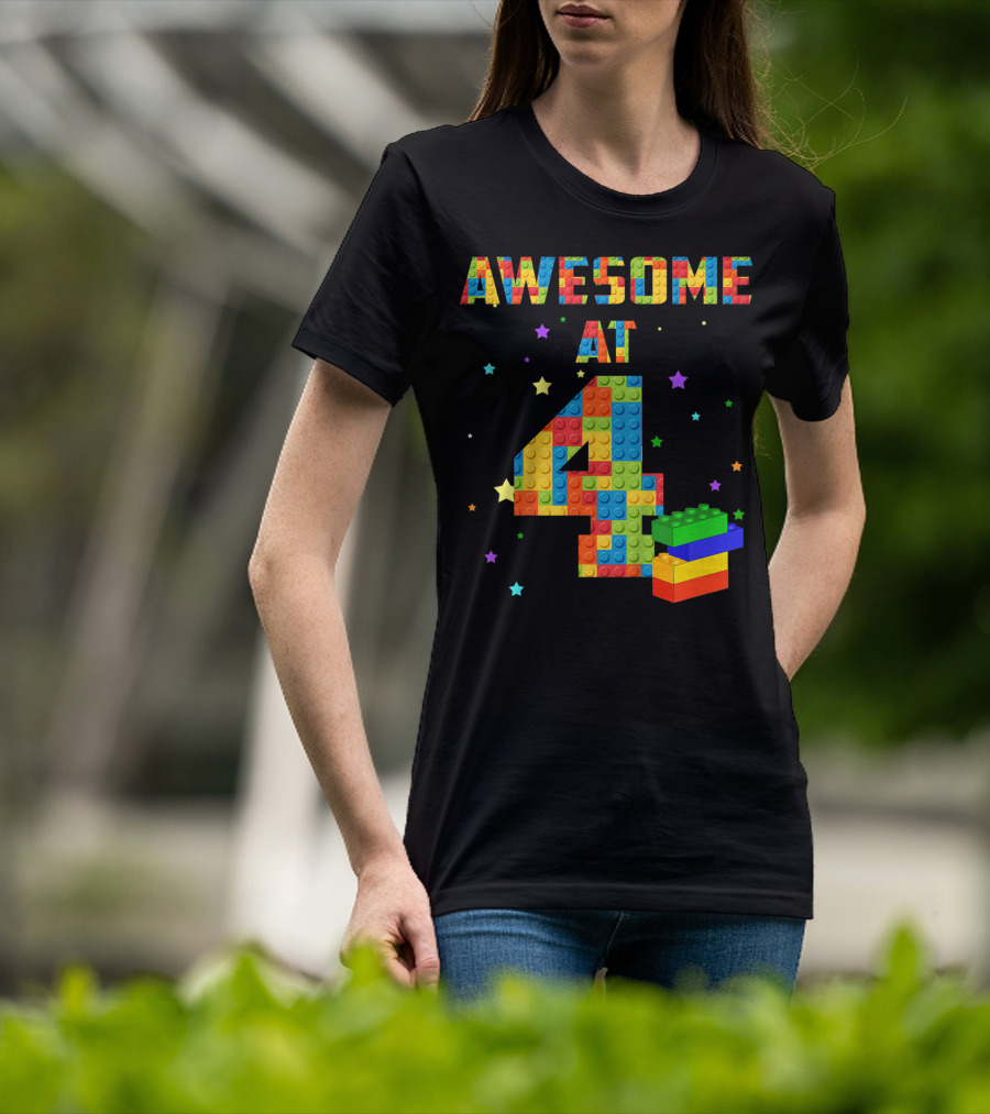 AWESOME AT 4 Building Blocks Kids Birthday T-Shirt
