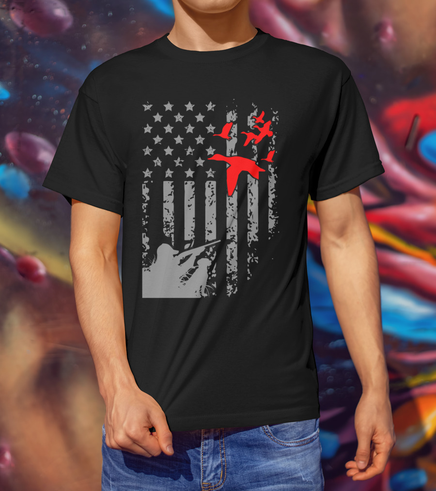 American Flag Waterfowl Hunting With Patriotic Duck T-Shirt